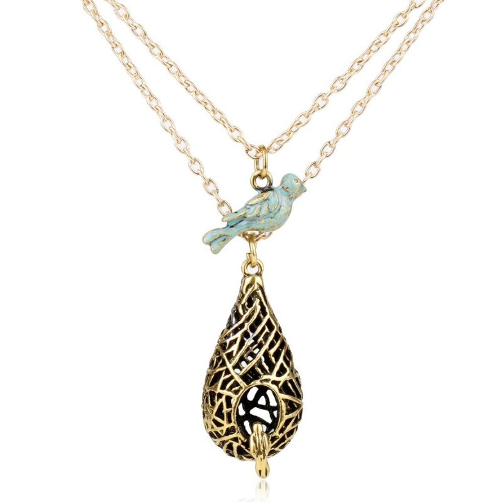 Gold Tone Little Blue Bird Nest Necklace